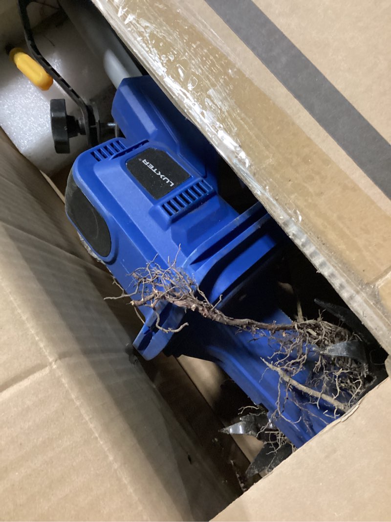 Condition photo showing As Is for luxter 20v cordless tiller for gardening 8.6 inch electric garden cultivator with 48 steel tines lightweight cultivators 2×4.0ah batteries & fast charger for smooth ground breaking,tending,composting two-fold