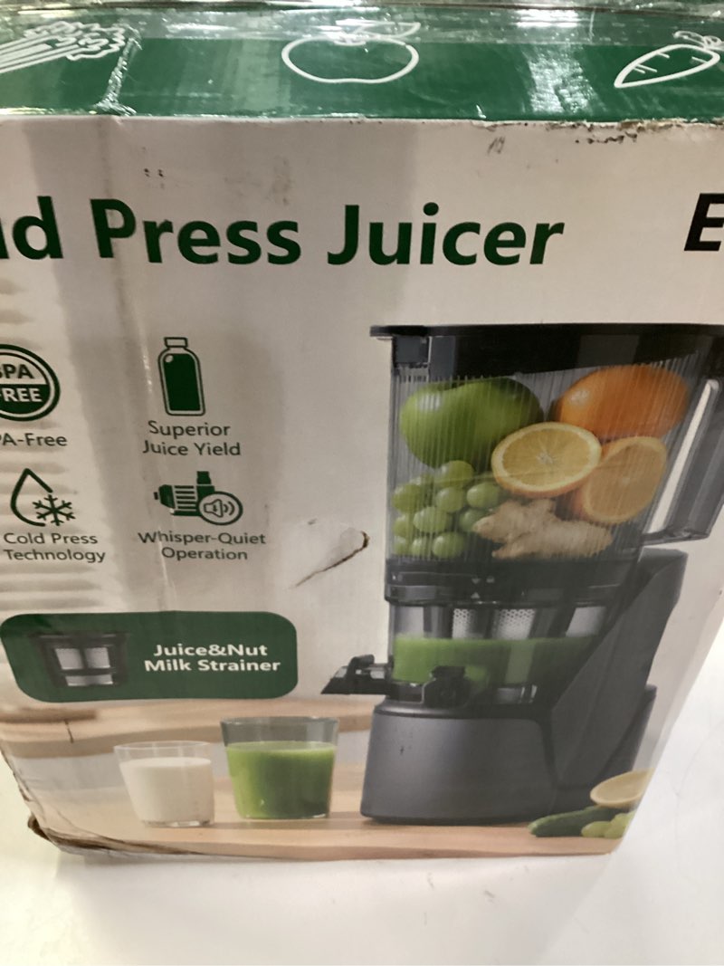 Condition photo showing New/Like New for eanoruus juicer machines, 3-in-1 cold press juicer with 6.5" extra large chute, 100oz large capacity, ac motor, makes juice, nut milk & sorbet, premium gray
