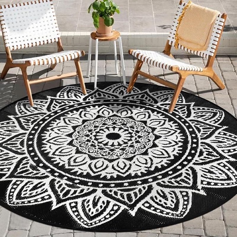 famibay round outdoor rugs for patios 5 ft round outdoor rug waterproof round patio rug outdoor plastic straw rug lightweight boho outdoor carpet mats for patio backyard camping porch(black/white