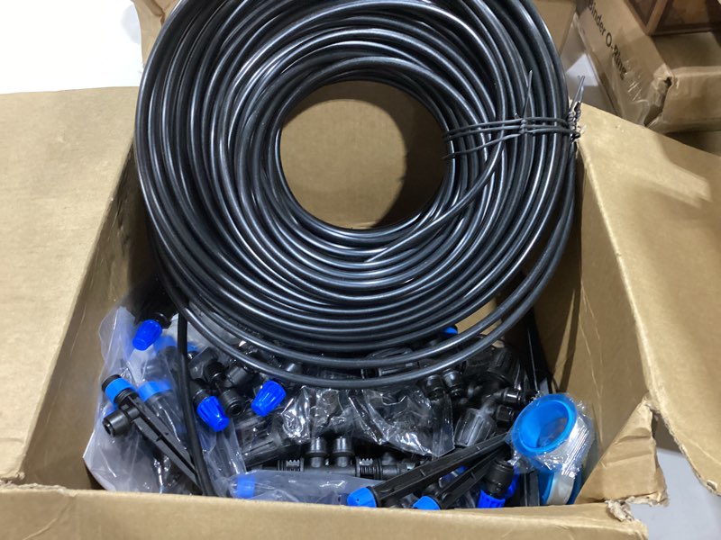 Condition photo showing As Is for mixc 247 ft drip irrigation system,quick connector garden watering system automatic sprinkler system kit for lawn raised bed greenhouse plant watering system with 1/4'' tubing,drip emitters,connectors 50ft main tube+197ft 1/4'' tube