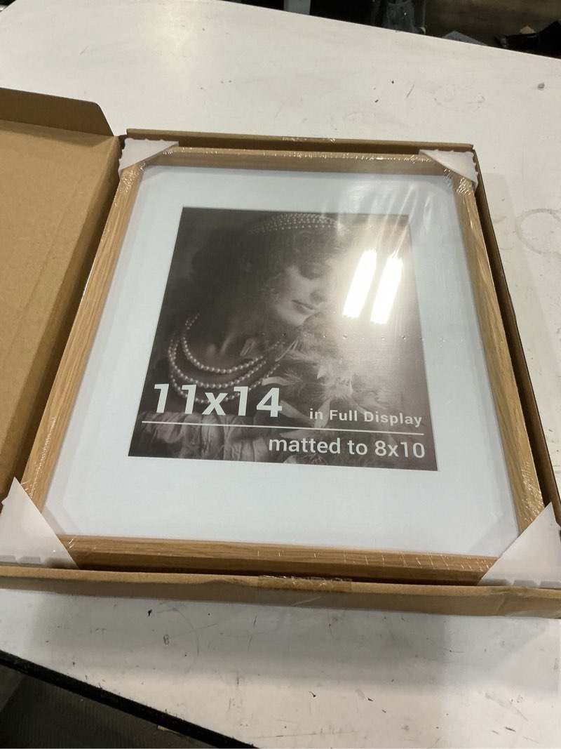 Condition photo showing New/Like New for 11x14 picture frame, usa-sourced oak wood photo frames with hd tempered glass, handcrafted rounded corner 11 x 14 wooden frames matted to 8x10 photos, 11x14 frame, horizontal or vertical wall display usa-sourced oak wood 11x14-1p | hd tempered glass