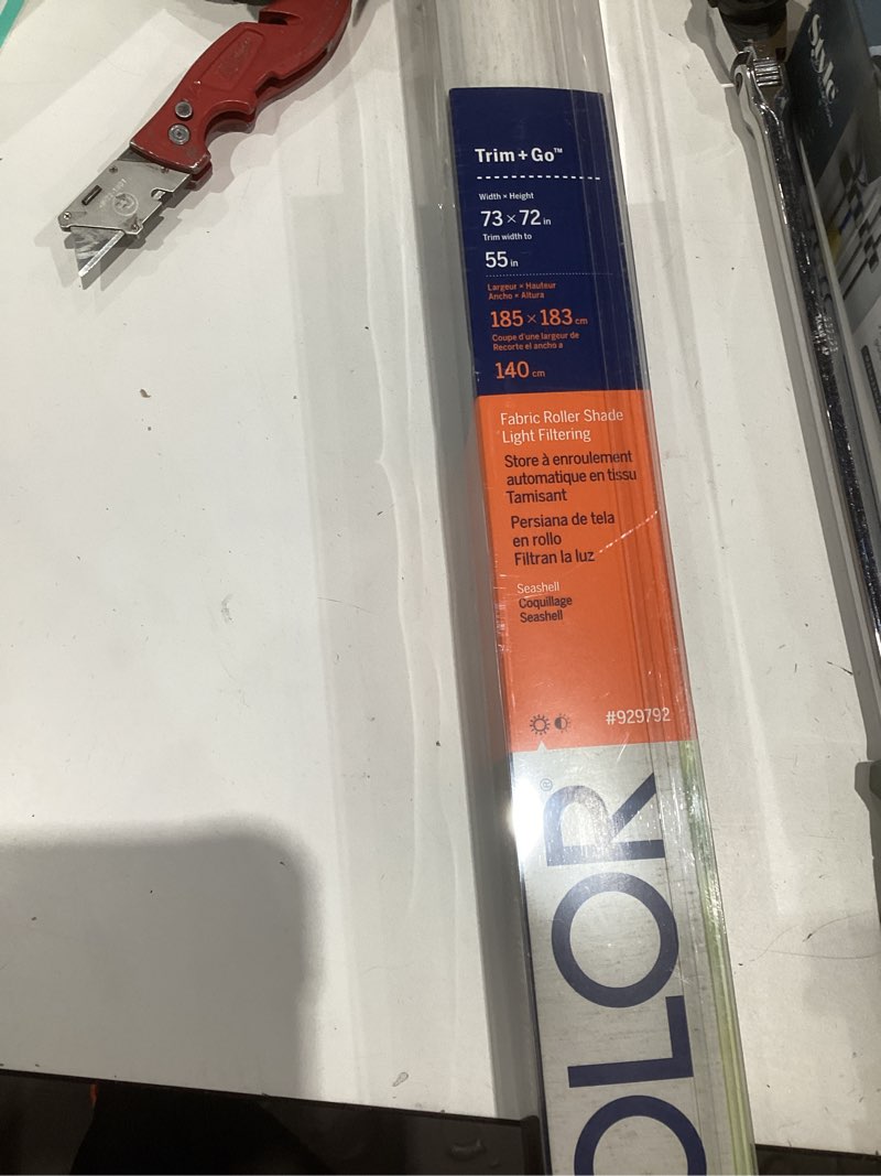 Condition photo showing As Is for levolor 73in x 72-in cream linen light filtering cordless roller shade