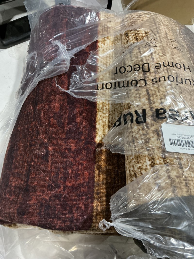 Condition photo showing As Is for modern geometric patchwork indoor area rug for living room, red 8x10 large rug rockwood collection hardwood floors decor for bedroom, burgundy throw carpet for office entryway dining room 8 x 10 feet red