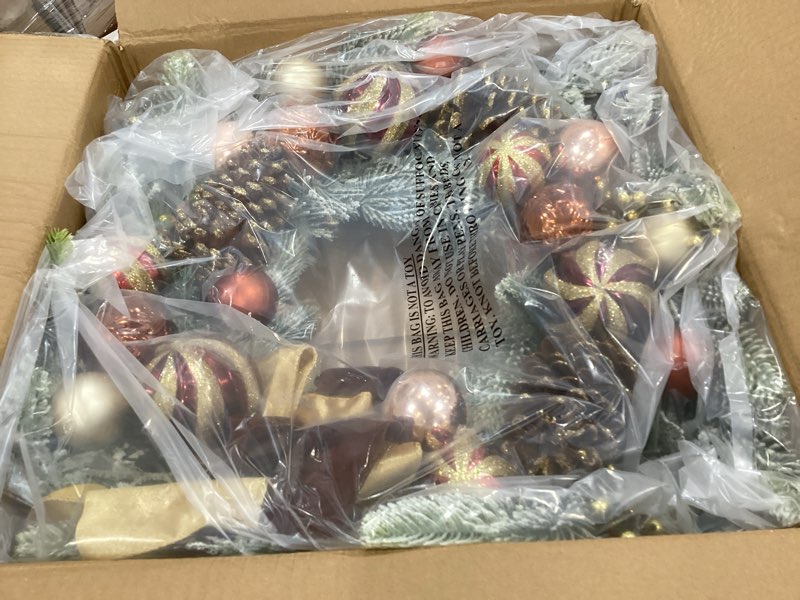 Condition photo showing Good Condition for 24" christmas wreath for front door artificial unlit winter wreath with pine cones, berry clusters, bronze ball ornaments and ribbon for thanksgiving holiday christmas decoration bronze wreath