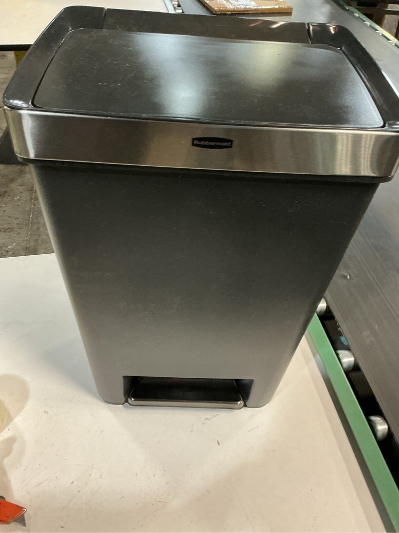 Condition photo showing Good Condition for rubbermaid premier high-capacity step-on trash can, 19 gallon, single or dual stream trash or recycling, charcoal, stainless-steel rim, lid lock, quiet lid, for home/kitchen/garage/apartment metal rim