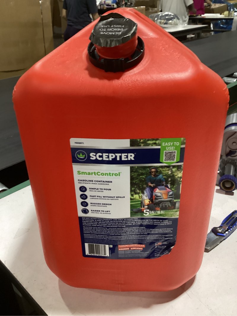 Condition photo showing As Is for **no nozzle**scepter 5 gallon capacity smart control dual handle gas can, fscg571eoc, red fuel container