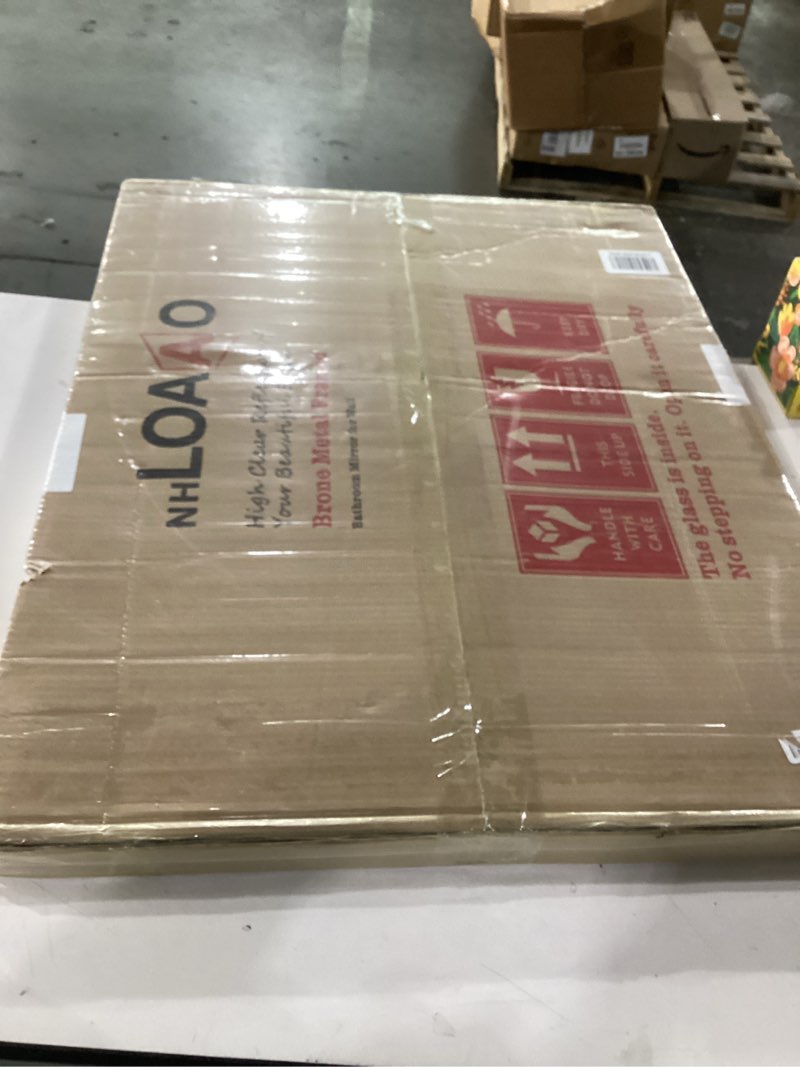 Condition photo showing New/Like New for LOAAO 24”X32” Bronze Bathroom Mirrors for Vanity, Rounded Rectangle Brushed Bronze Metal Frame Mirro