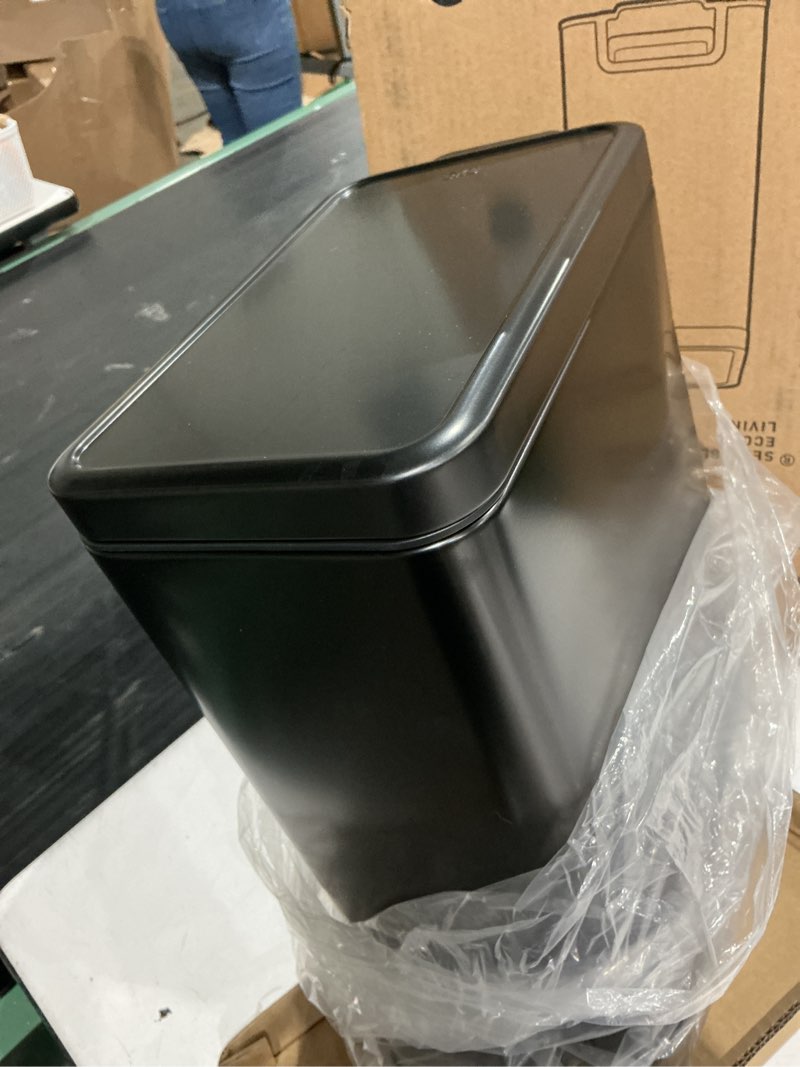 Condition photo showing Good Condition for eko small bathroom trash can with lid soft close, step pedal, 10 liter / 2.6 gallon stainless steel garbage can with removable inner bucket, anti-fingerprint finish (matte black) matte black 10l