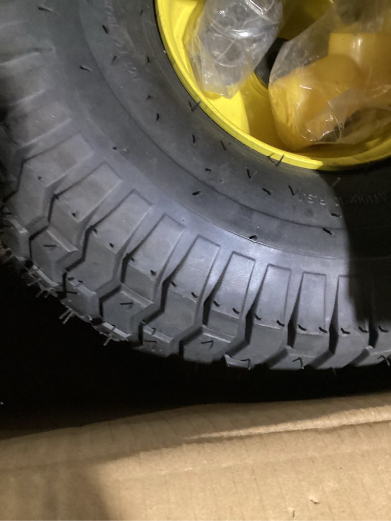 Condition photo showing New/Like New for ar-pro (2 pack) exact replacement 15" x 6.00-6 front tire and wheel assemblies compatible with john deere riding mowers tractor and more - 3" offset hub and 3/4" bushings, 4ply pneumatic 15 x 6.00-6" pneumatic (offset hub) yellow