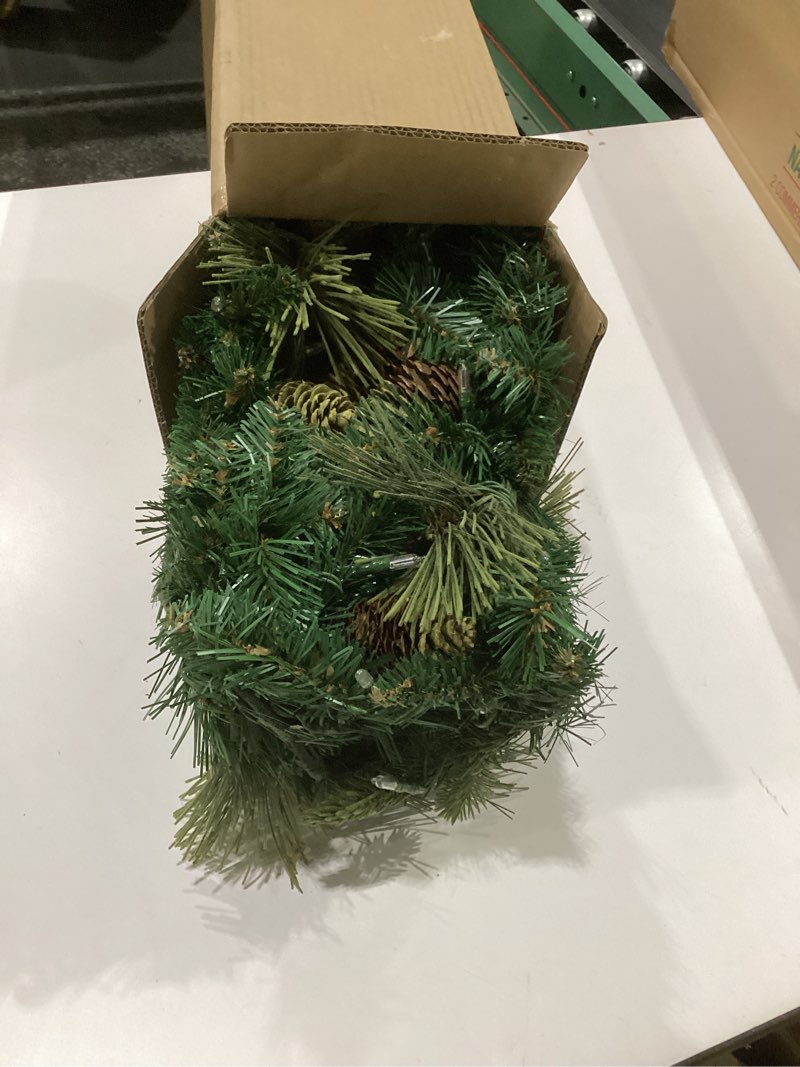 Condition photo showing Good Condition for national tree company 9 ft pre-lit carolina pine artificial christmas garland, christmas decoration with pinecones, 100 warm white led lights, 240 tips, timer, green battery operated tree