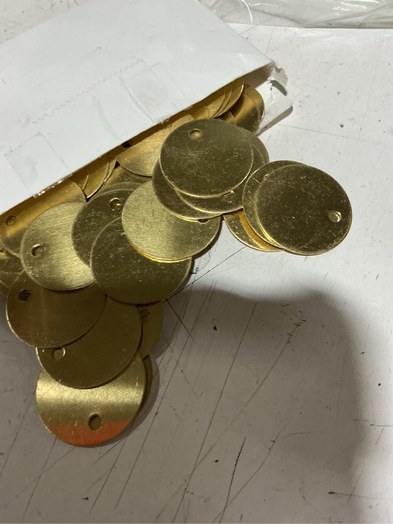 Condition photo showing Good Condition for ferraycle 75 pcs 1.50 inch solid brass tags for stamping, round golden blank brass tag with hole for pets, plants, valve, keys, doors