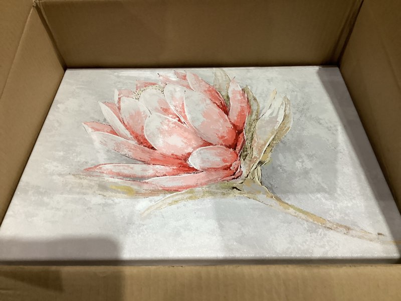 Condition photo showing Good Condition for KREATIVE ARTS 3-Piece Pink & Grey Floral Wall Art - Protea Flowers Canvas Prints, Rustic Home Décor for Dining Room, Girl's Bedroom, or Living Room, Set of 3, 12x16 Each