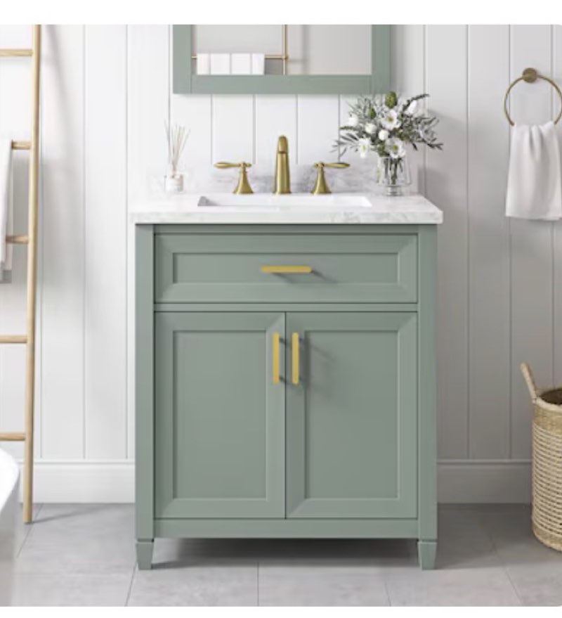 allen + roth lancashire 30-in sage green undermount single sink bathroom vanity with white engineered marble top item #5502000 | model #lancashire 30sg top cracked)