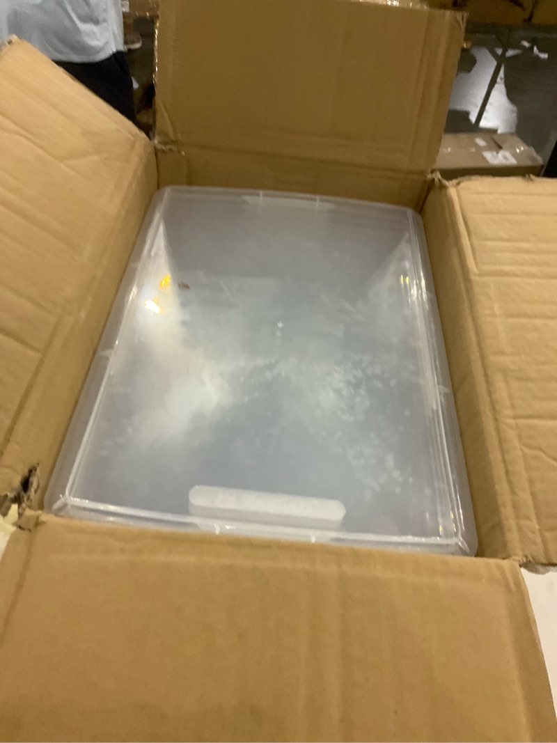 Condition photo showing As Is for novelinks 6 Pack 22QT Plastic Storage Bins with Lids, Stackable Clear Containers with Latches, Durable Nestable Boxes for Office, Home, Garage, Shoes Organization 22 Qt - 6 Pack