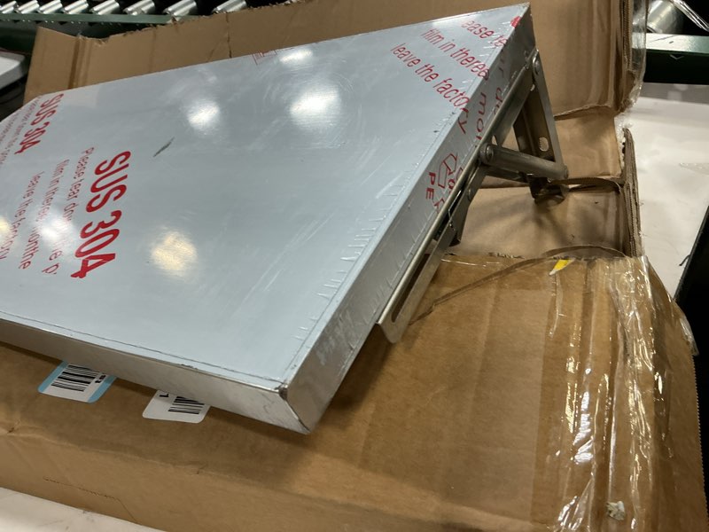 Condition photo showing Good Condition for folding wall shelf 47" x 12", stainless steel wall mounted folding table, heavy duty 110lb capacity, floating concession shelf for food truck, trailer window, kitchen, garage, restaurant 47"x12"