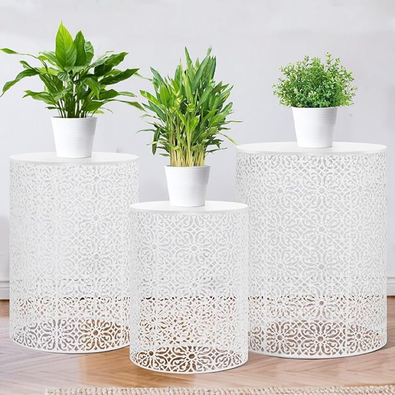 HPC Decor Heavy Duty Metal Outdoor Side Tables Set of 3 - White Modern Patio Furniture for Garden, Porch, Deck - Indoor/Outdoor Decorative Stools with Rustic Farmhouse Decor