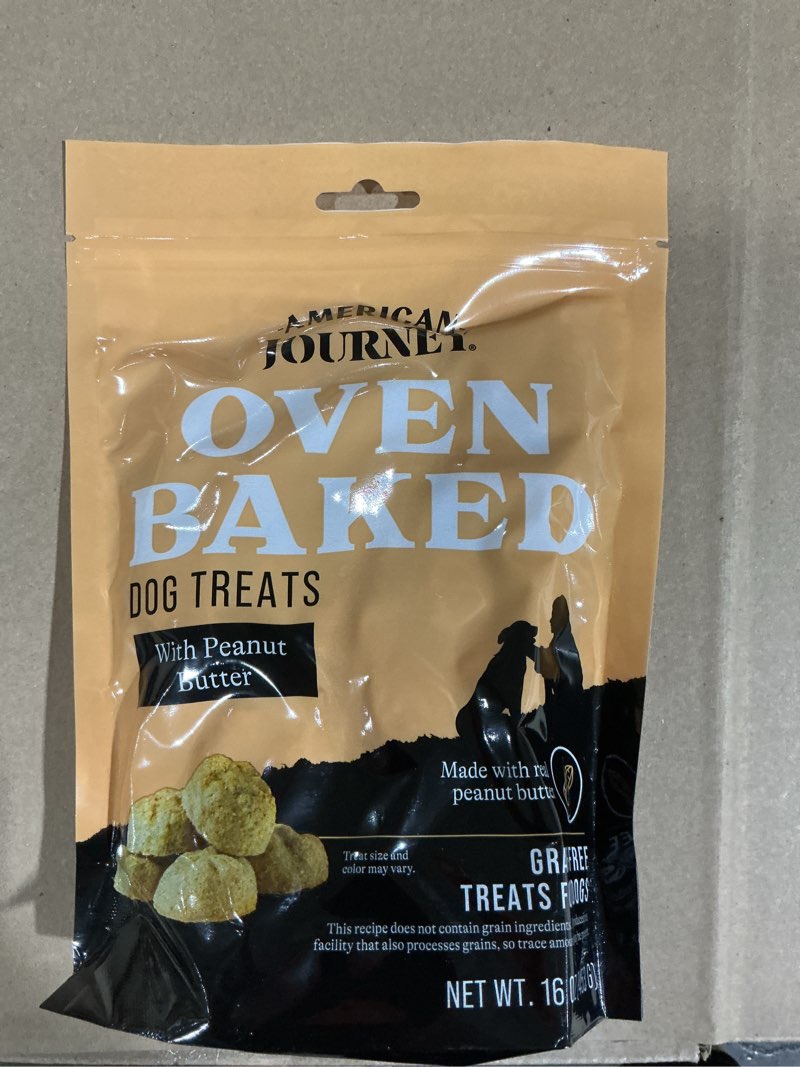 Condition photo showing New/Like New for American Journey Peanut Butter Recipe Grain-Free Oven Baked Crunchy Biscuit Dog Treats(bidding on 10 packages) 
