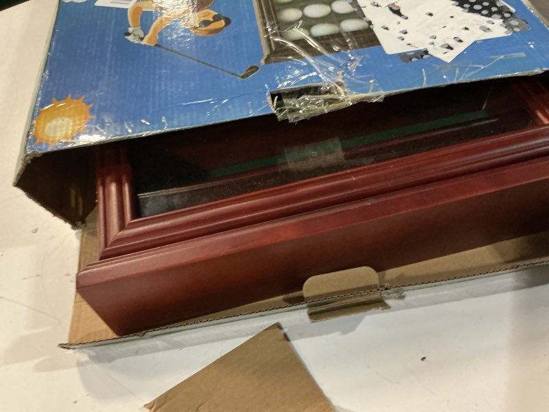 Condition photo showing Good Condition for 7-shelf golf ball display case in solid pine wood with uv protection and lockable glass door for organizing and showcasing golf memorabilia large-mahogany