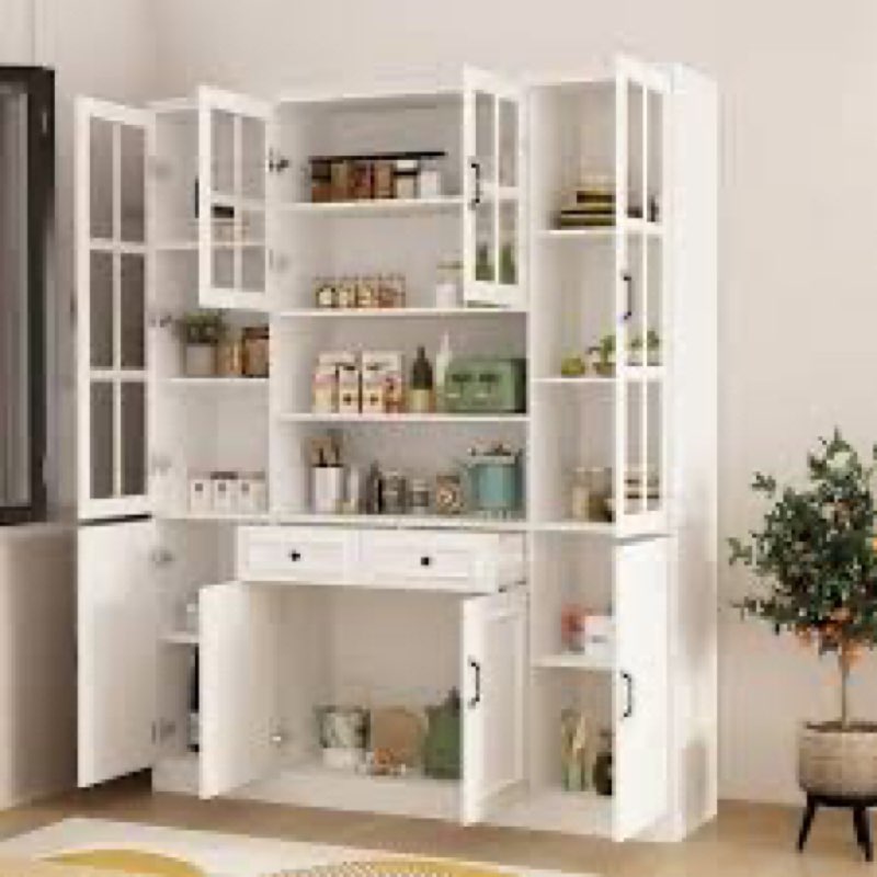 white wood 63 in. w buffet and hutch kitchen cabinet with glass doors, 2-drawers, adjustable shelves