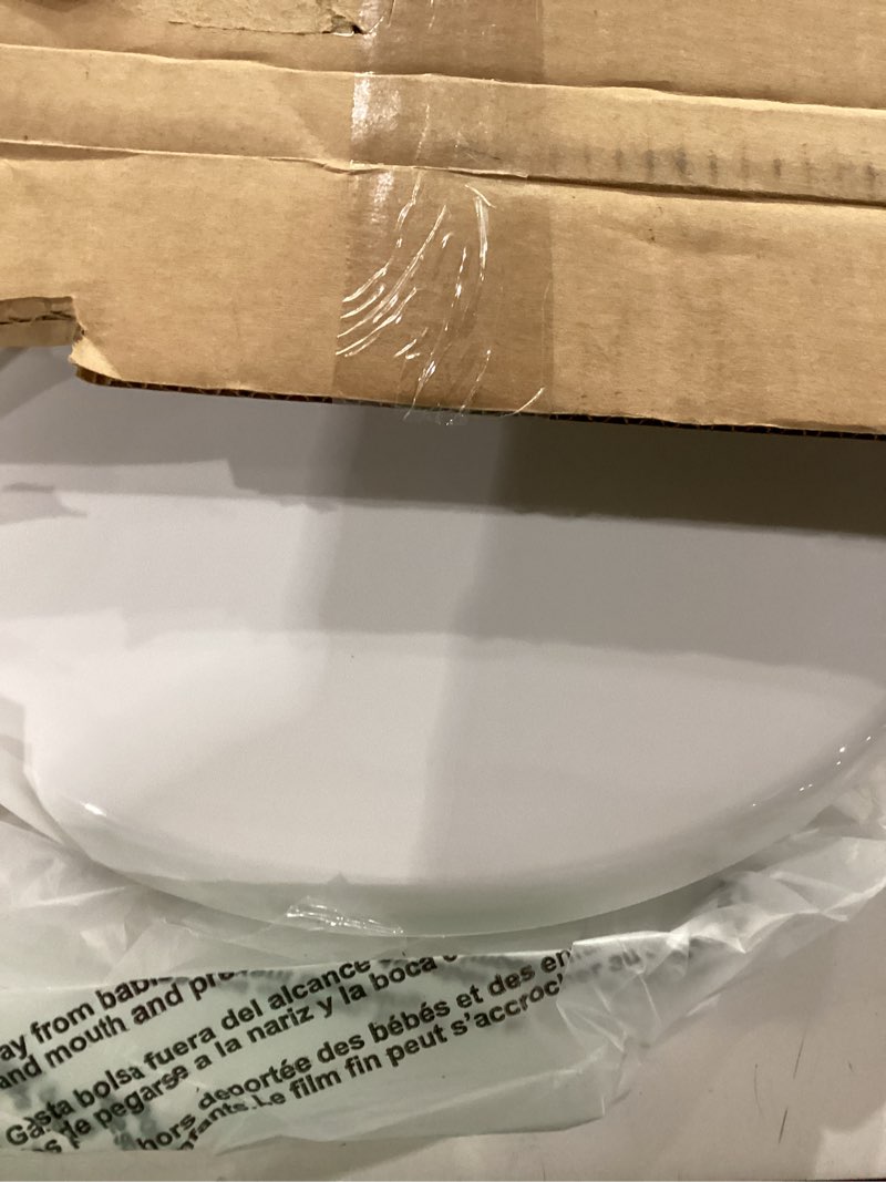 Condition photo showing As Is for mayfair caswell modern slow close toilet seat, easy clean hinges and durable plastic seat, made in usa, round, white round 1 seat