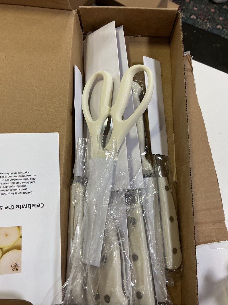 Condition photo showing Good Condition for CAROTE 14 Pieces Knife Set with Block, Forged, High Carbon Stainless Steel Sharp Blade Block Knife Set, Dishwasher Safe Cutlery, Cream Cream 14pcs