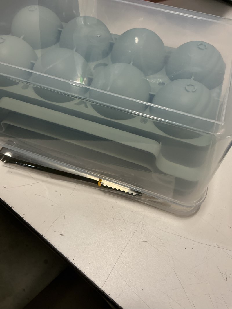 Condition photo showing Good Condition for large ice ball maker mold, 2.5" round ice cube mold for whiskey bourbon cocktail, 8 balls, sphere ice mold, big ice cube tray with container and tongs, easy to fill & release blue 2.5in*8 balls