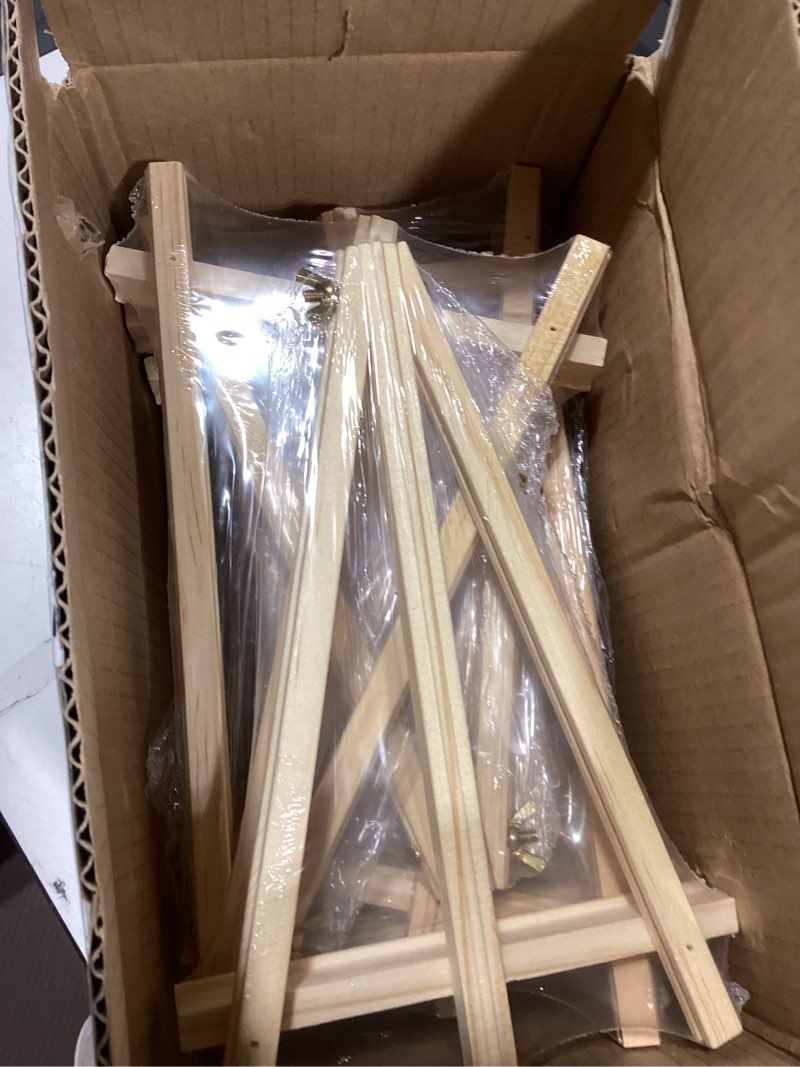 Condition photo showing As Is for 12 pack 9 inch wood easels, easel stand for painting canvases, art, and crafts, tripod, painting party easel, kids student tabletop easels for painting, portable canvas photo picture sign holder