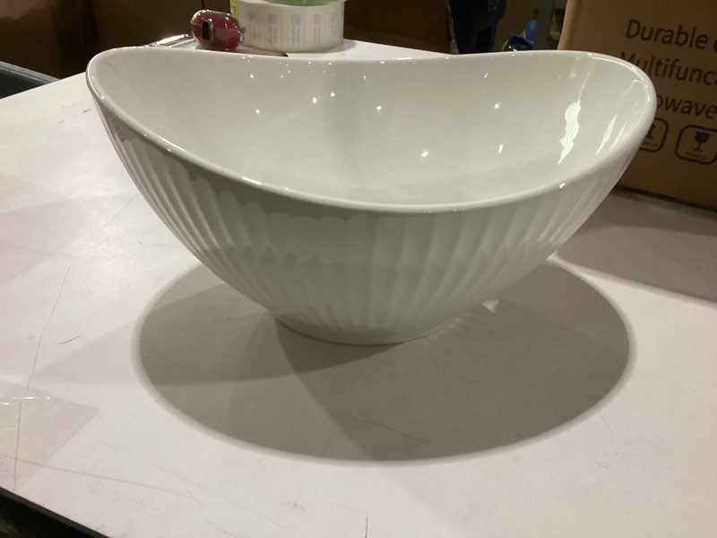 Condition photo showing Good Condition for 60oz large ceramic salad bowl with acacia wood utensils, 10" oval white serving bowl for soup, pasta, fruit, snacks – mixing bowls for entertaining, party, kitchen, dinner – housewarming gift