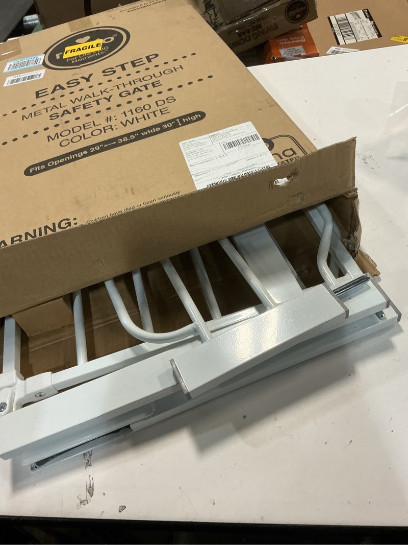 Condition photo showing As Is for Regalo Safety 38" Baby Gate for Doorways & Bottom of Stairs, Pressure Mount Design for Babies, Toddlers & Pets, Tested & Safe for 30 Years, American Designed, American Owned, White White 29-38.5"W x 30"H