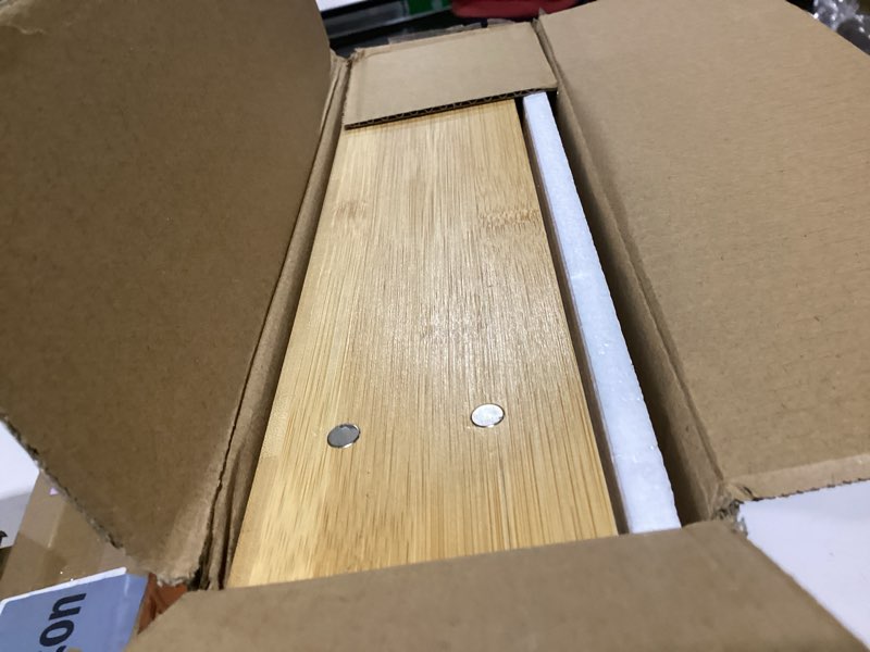 Condition photo showing New/Like New for 6-in-1 Magnetic Bamboo Drawer Organizer for Kitchen or Fridge, Adjustable Compartment Storage with Foil and Plastic Wrap Dispenser and Cutter – Fits Gallon, Quart, Sandwich, Snack Bags 6 IN 1