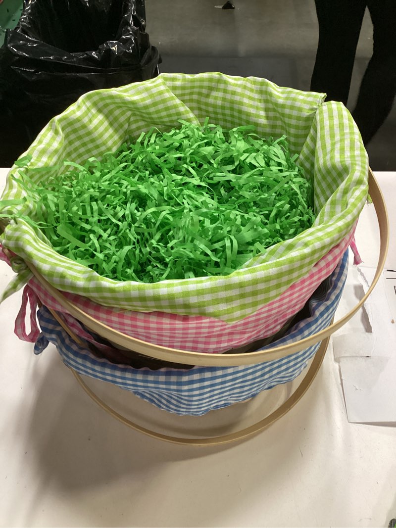 Condition photo showing New/Like New for joyin 3 pcs easter bamboo baskets with plaid lining and handle and 3 colors grass paper shreds for easter egg hunt, kids party treats, filling with party favors (blue, pink, green)