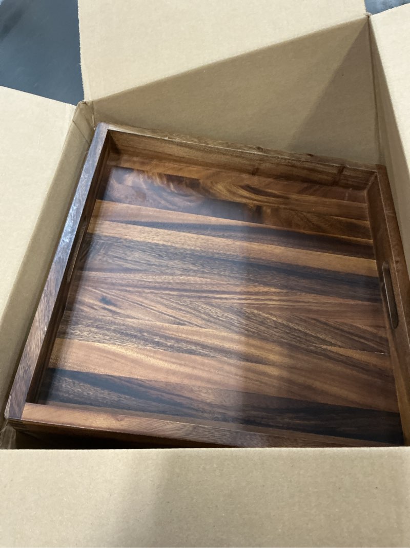 Condition photo showing Good Condition for 20x20Inches Walnut Wooden Ottoman Tray with Handles,Square Coffee Table Serving Tray for Home Decor,Couch Table for Party,Patio Breakfast Trays for Bed no Legs 20" x 20" x 2.5"