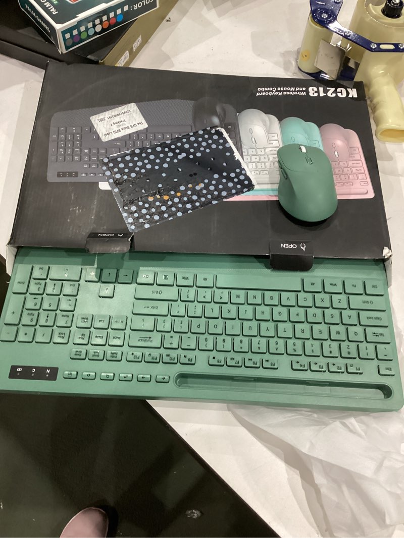 Condition photo showing Good Condition for wireless keyboard and mouse combo - full-sized ergonomic keyboards with wrist rest, phone holder, sleep mode, silent 2.4ghz cordless combo for computer, laptop, pc, mac, windows -trueque 1 pack morandi green