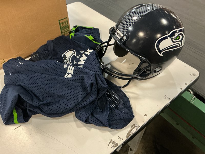 Condition photo showing As Is for (Incomplete 3 pieces only) bSeattle Seahawks Kids NFL 9pc Deluxe Football Uniform Set, size L