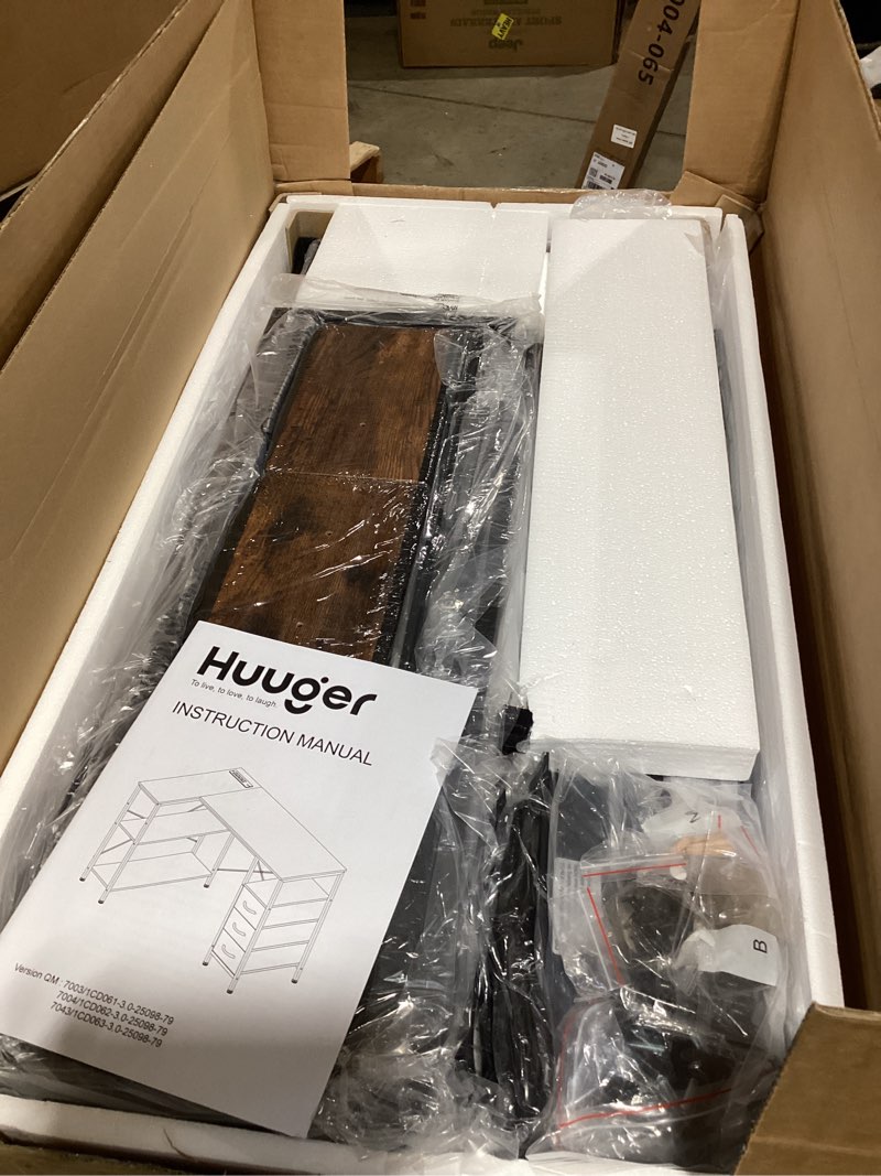 Condition photo showing As Is for huuger l shaped office desk with power outlets, 47 inch computer desk with 3 drawers, shelves, for gaming, corner work, home office, study, rustic brown