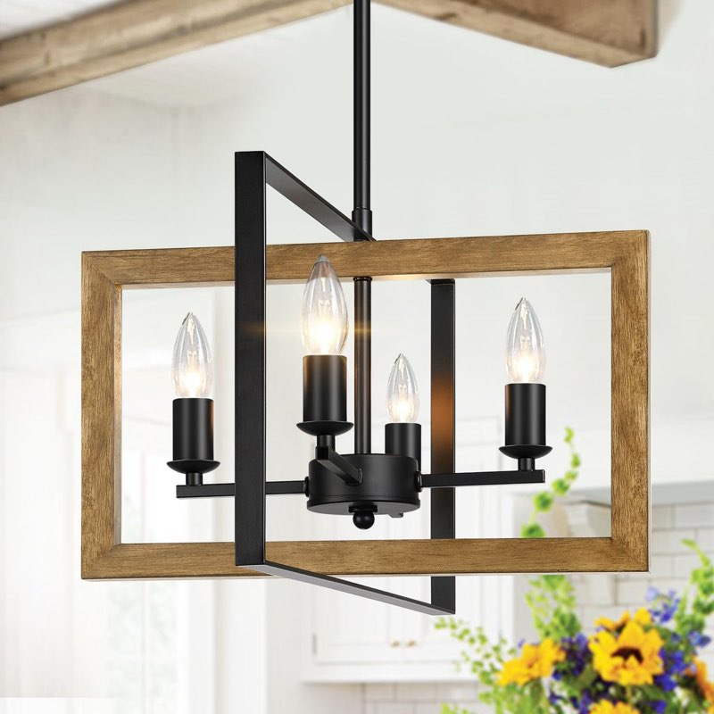 Farmhouse Chandeliers for Dining Room, Rustic Light Fixture Chandelier, 4-Light Adjustable Wood Pend