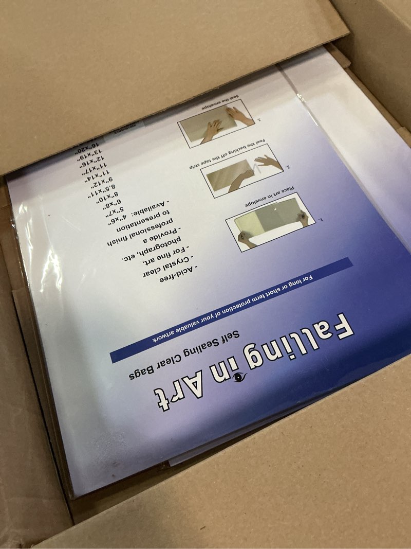 Condition photo showing New/Like New for falling in art acid free 1.496mil (single side) crystal sealed clear bags for 13x19 art prints, photos, 13 2/5 inches by 19 1/2 inches, 25-pack