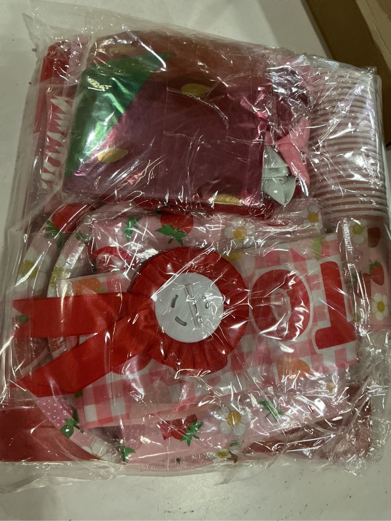 Condition photo showing New/Like New for strawberry baby shower decorations, berry sweet baby shower decorations with a berry sweet baby is on the way backdrop cake topper strawberry plates balloon arch box for baby girl