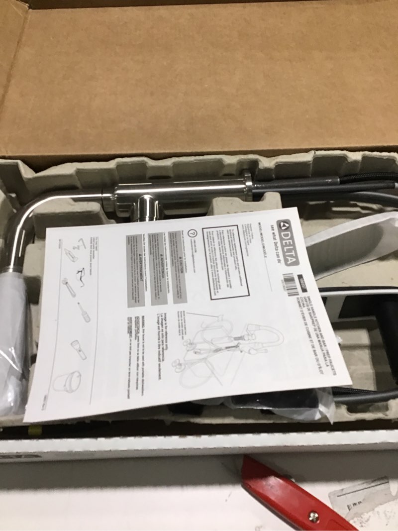 Condition photo showing New/Like New for Delta Daneri Brushed Nickel Kitchen Faucet with Pull-Out Sprayer, Modern Single Hole Kitchen Sink Faucet, Single Handle, Stainless 16879-SS-DST