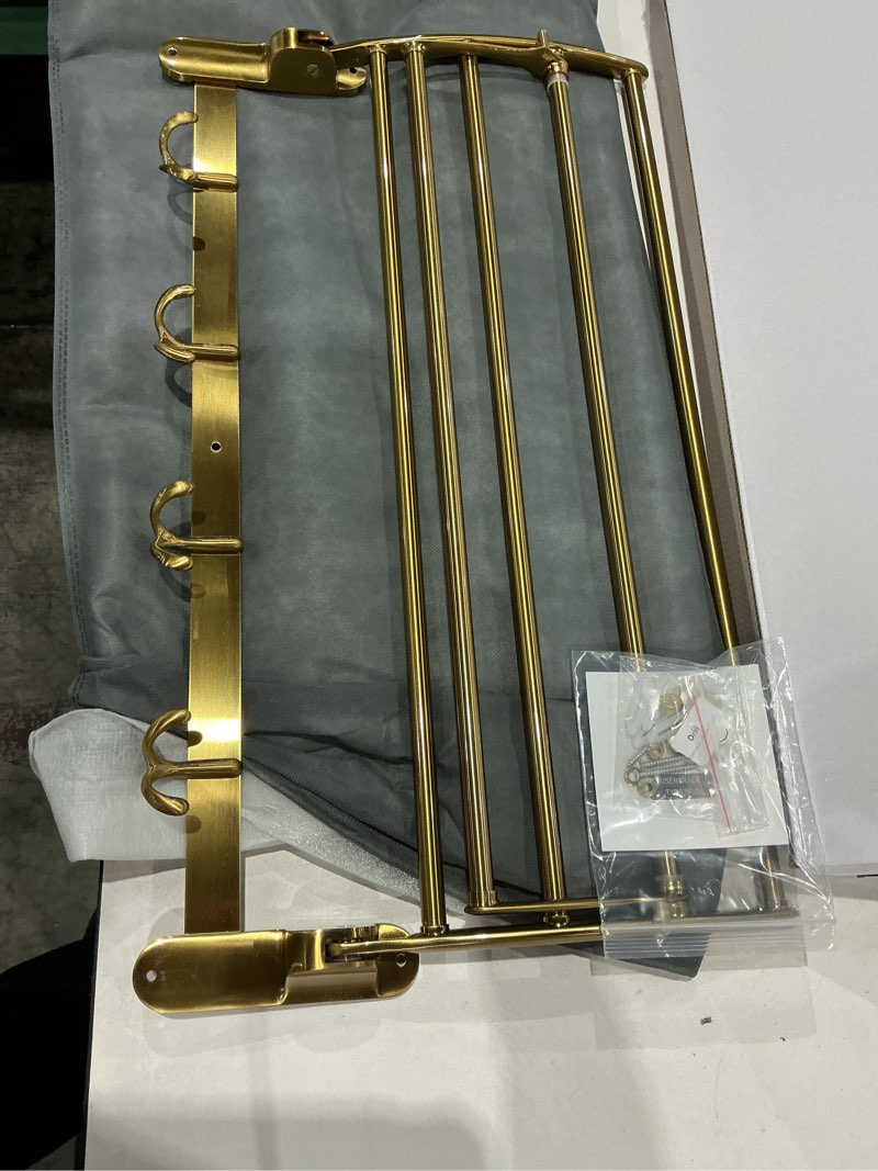 Condition photo showing Good Condition for similar iten besy 24 inch brushed nickel towel racks, bathroom towel shelf with foldable towel bar holder and towel hooks, wall mounted multifunctional bathroom accessories, double towel bars