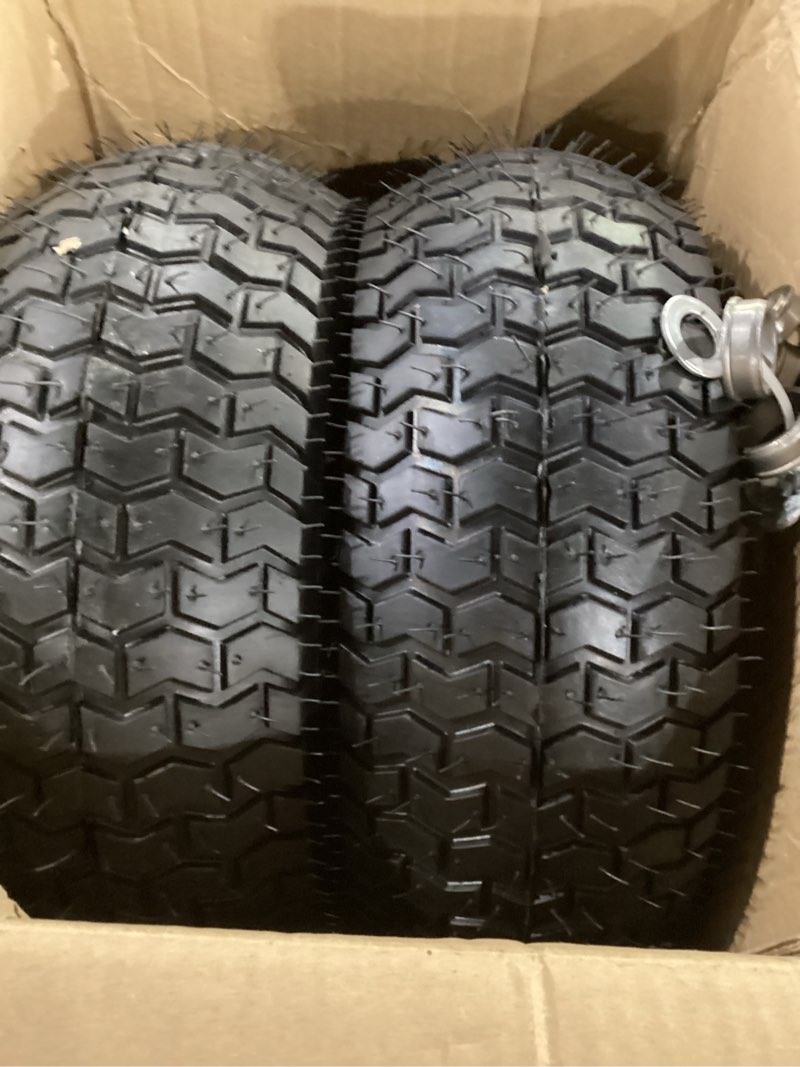 Condition photo showing Good Condition for 16 x 6.50-8 tire and wheel, 2 pcs lawn mower tires 16x6.50-8 with 3/4" & 5/8" precision bearings -1" bushings & 3" offset hub, 16x6.50x8 lawn tractor tires fit most craftsman john deere riding mower