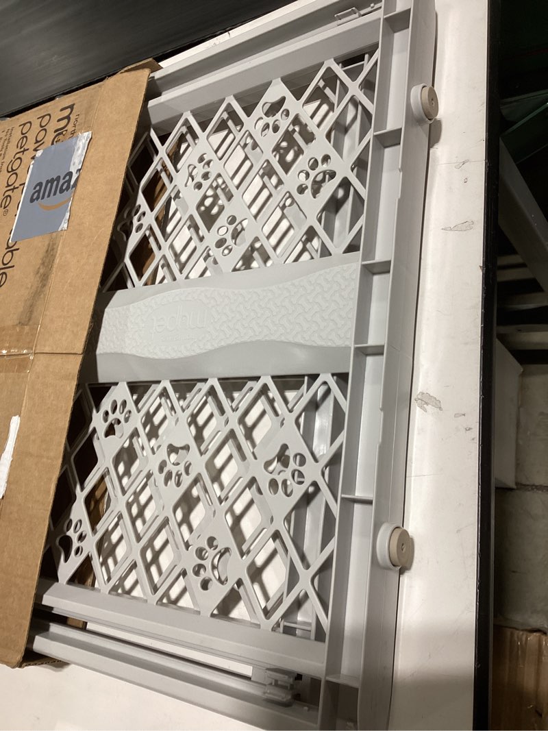 Condition photo showing As Is for mypet north states paws portable pet gate: 26-40" wide. pressure mount. no tools needed. made in usa. dog gate 23" tall, expandable, durable dog gates for doorways, light gray