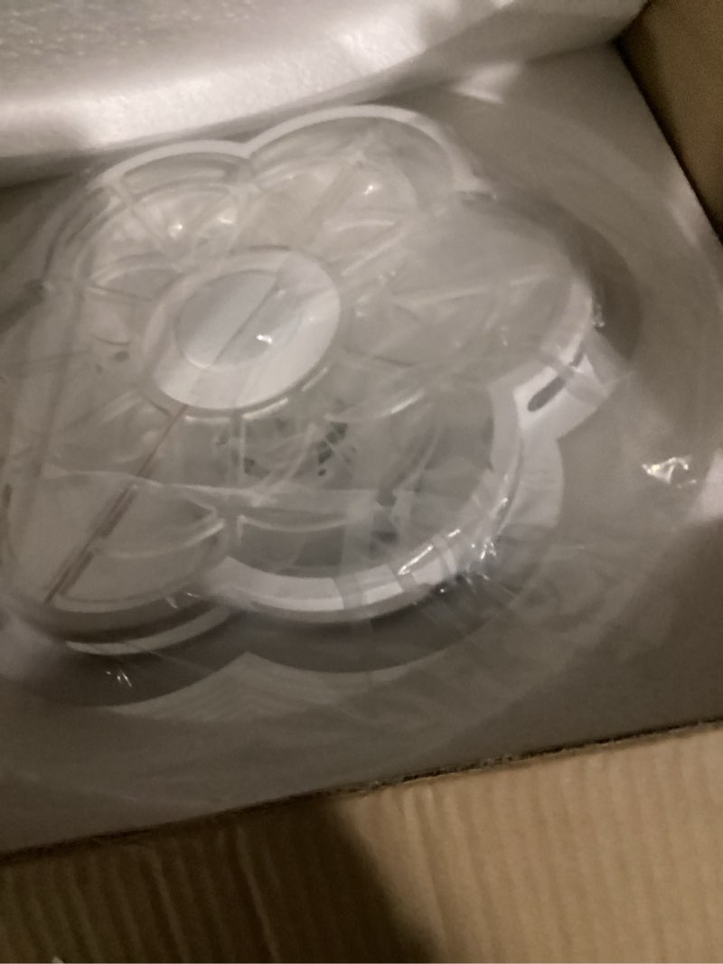 Condition photo showing New/Like New for Ceiling Fan with Lights Remote Control, Enclosed flower light fan, with Bluetooth Speaker 3 Colors Dimmable 6 Speeds, Flush Mount Bladeless Petal Chandelier APP Control 19.6 In for Bedroom, Indoor