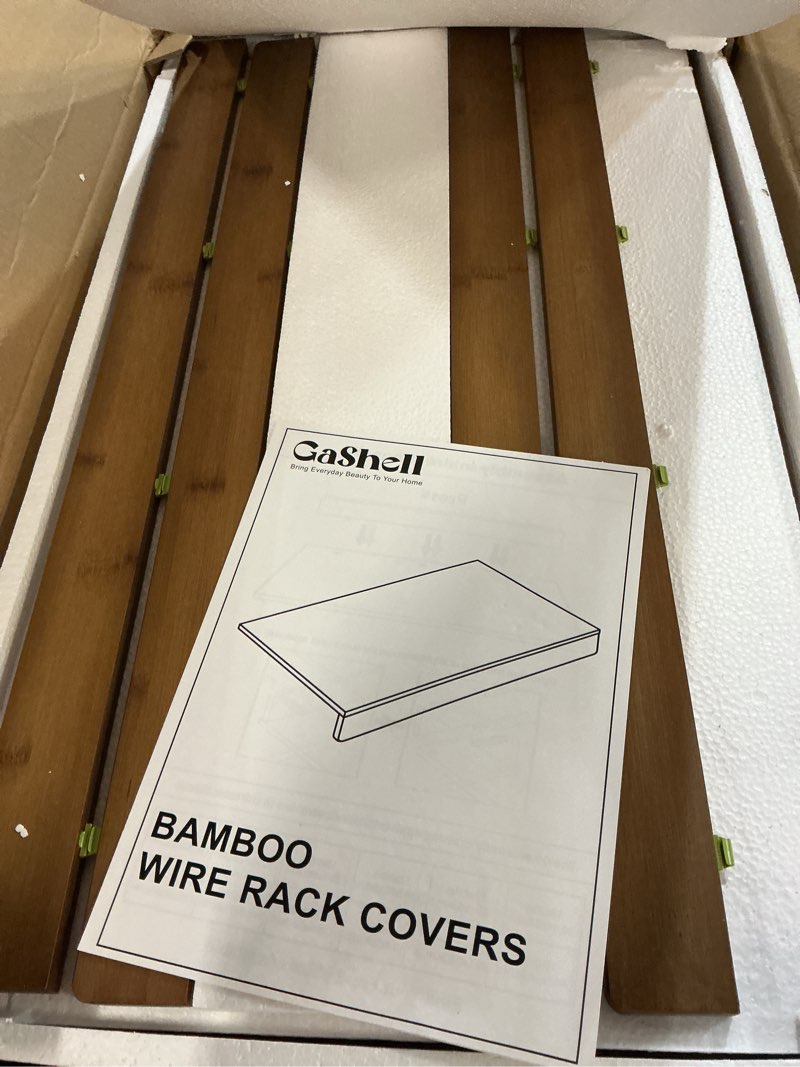 Condition photo showing New/Like New for wire shelf covers, bamboo wire rack covers for pantry, closet (4pcs, 28" w x 16" d) 28"w x 16"d 4