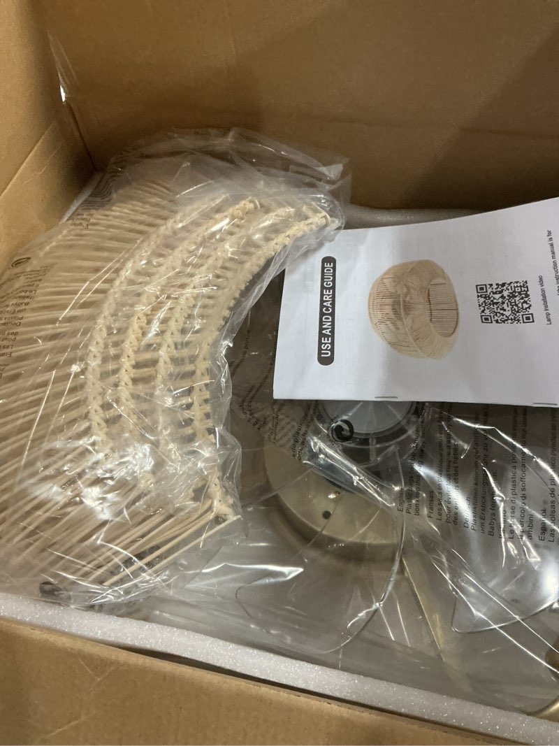 Condition photo showing New/Like New for 20'' boho rattan ceiling fan with light, coastal caged ceiling fans with lights and remote control, enclosed hidden flush mount with reversible 6 speeds for living room bedroom nursery boho bamboo