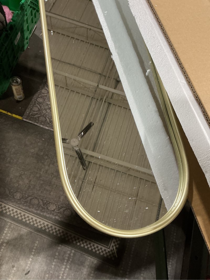 Condition photo showing As Is for Black Full Length Oval Mirror, 2-Pack Narrow Capsule Long Mirrors with Metal Frame for Dressing, Hallway, Living Room, Entryway Wall Decor Black 2-pack 44"L x 8"W