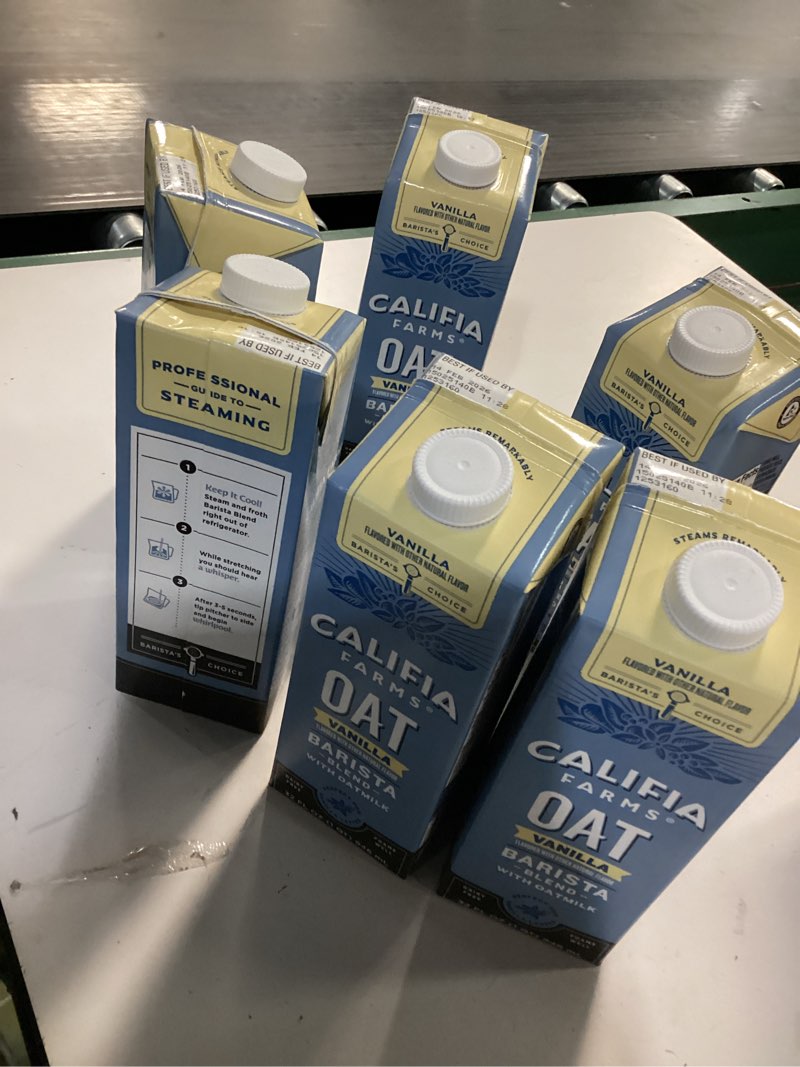 Condition photo showing Good Condition for Califia Farms - Vanilla Oat Barista Blend Oat Milk, 32 Oz, Dairy Free, Vegan, Plant Based, Gluten Free, Non GMO, Milk Frother, Coffee Creamer Vanilla Oat Barista Blend 32 Fl Oz (Pack of 6)