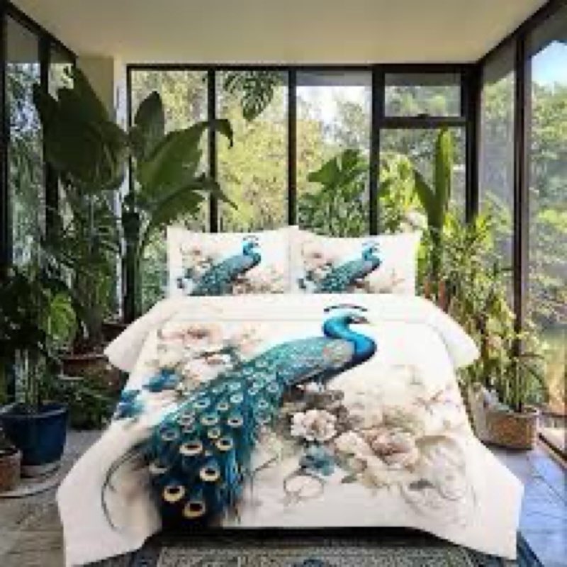 CCoutueChen Teal Peacock Comforter Set Queen Size, Elegant Birds Flower Bedding Set for Women Girls,