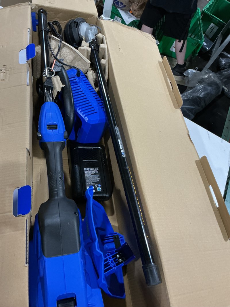 Condition photo showing As Is for kobalt gen4 40-volt 15-in straight shaft attachment capable battery string trimmer 4 ah (battery and charger included)