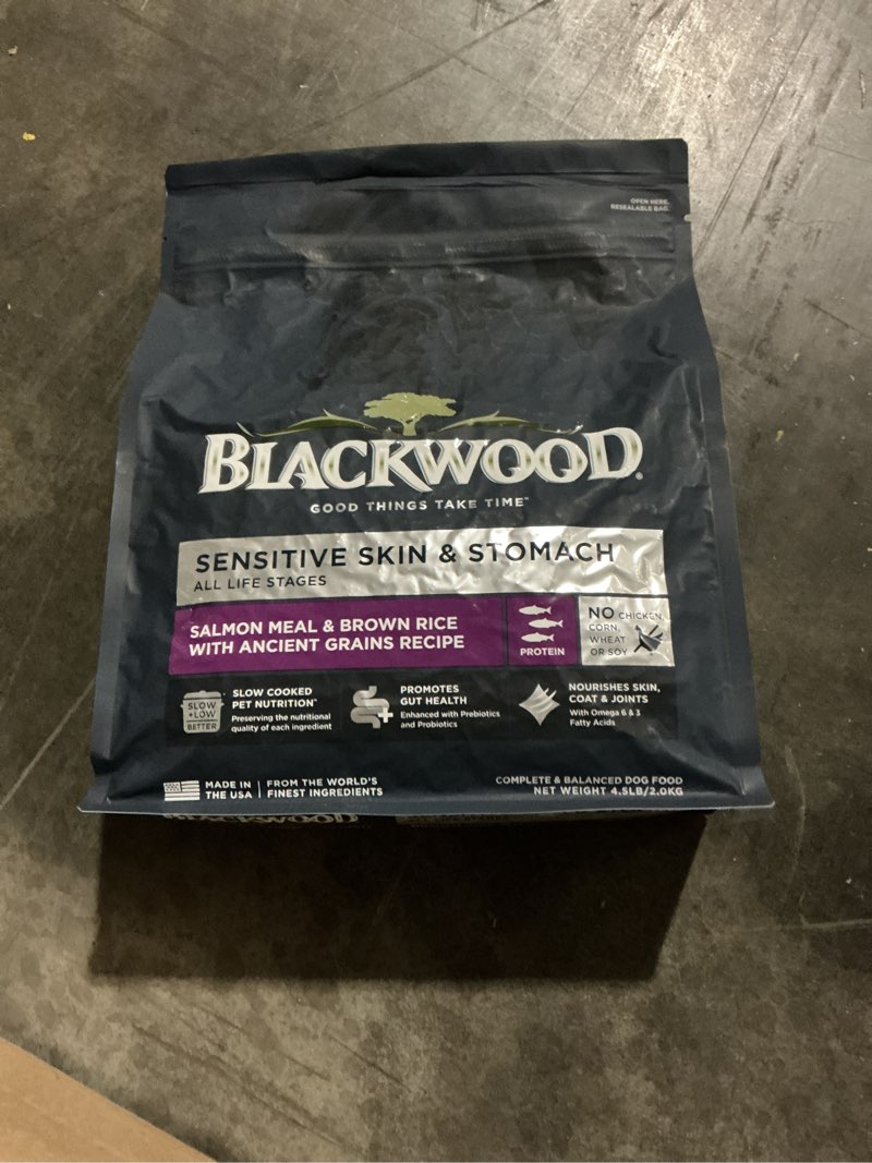 Condition photo showing New/Like New for (BFB: 16 Jun 26)Blackwood Sensitive Skin & Stomach Dry Dog Food, Salmon Meal & Brown Rice with Ancient Grains, 4.5 Pound Bag with Prebiotics & Probiotics to Promote Gut Health Salmon Meal & Brown Rice with Ancient Grains 4.5 Pound (Pack of 1)